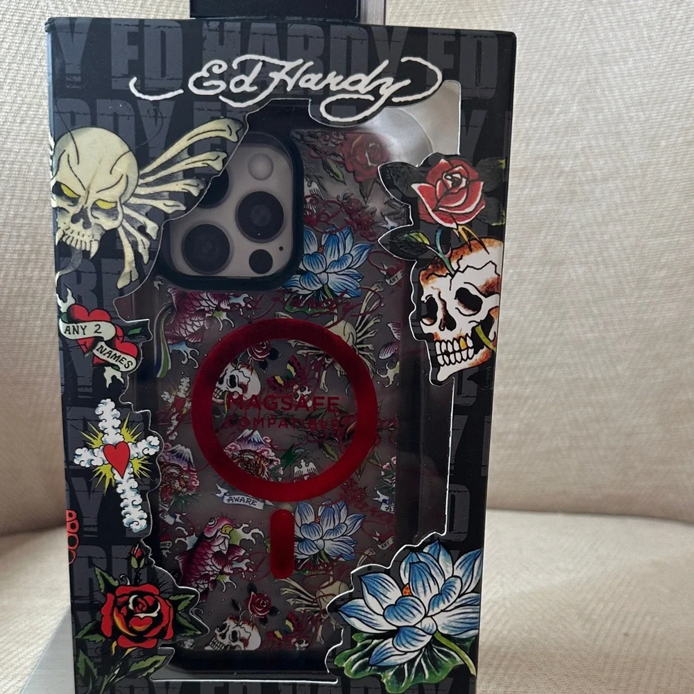 Ed Hardy Skull and Floral iPhone 16 Pro Max Case - Red and Blue